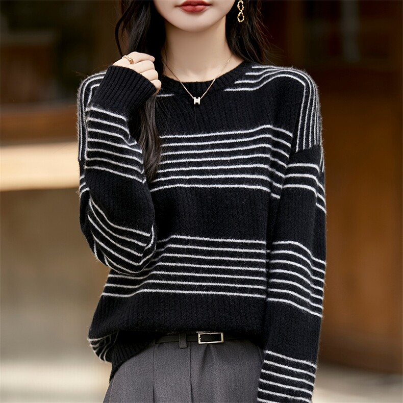 时尚百搭经典条纹女士圆领羊毛衫显瘦修身气质款,女装羊毛衫,冀清阳荣