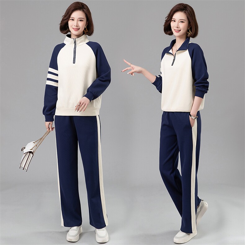 休闲运动套装女2025春秋新款韩版时尚拼接立领宽松跑步卫衣两件套,女装套装/套裙,凝聚力