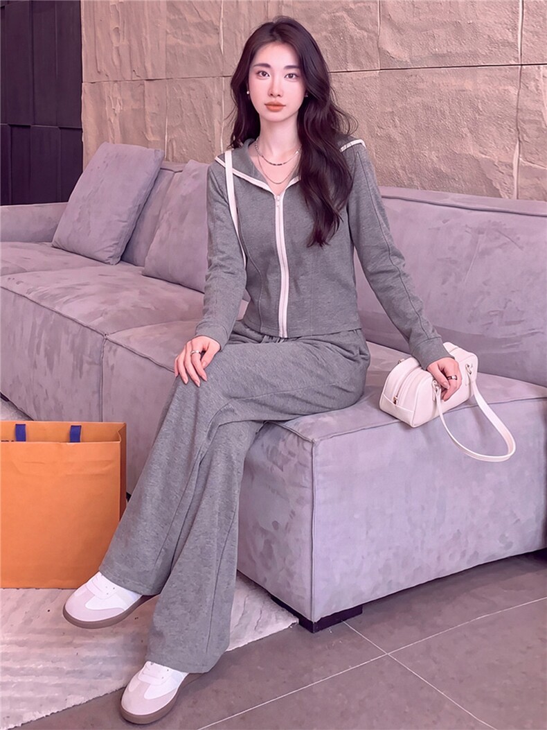 欧货休闲时尚套装女春秋灰色短款双头拉链长袖卫衣阔腿长裤两件套,女装套装/套裙,江南