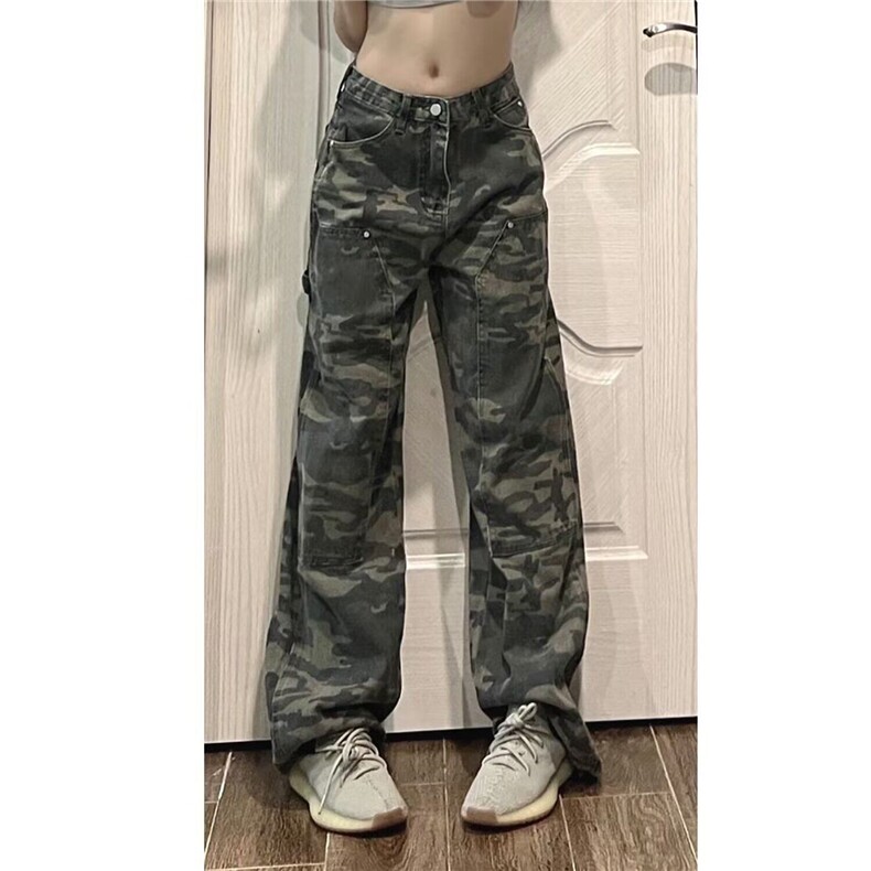 迷彩牛仔裤女小个子新款设计感辣妹高街直筒阔腿裤潮WL83088-P45图片