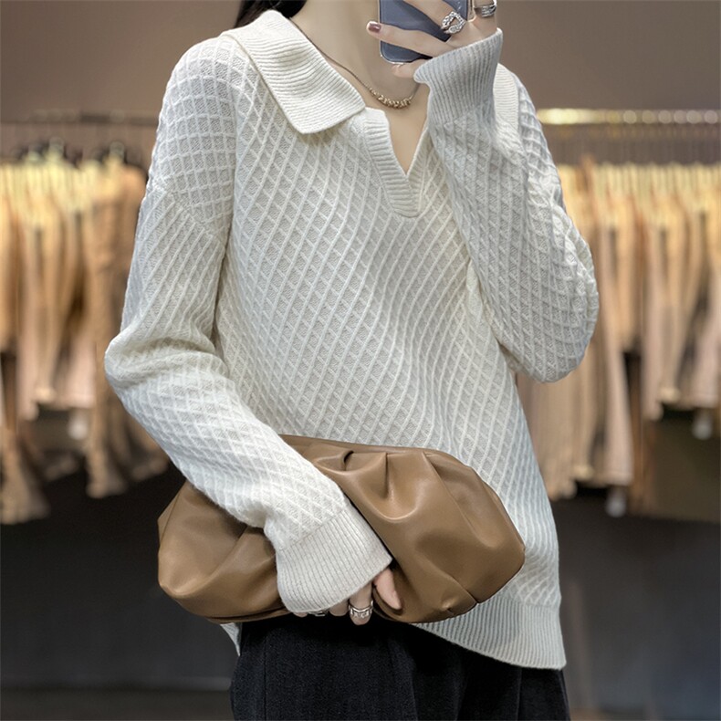 蓬松柔软亲肤舒适女士菱形绞花格套头羊毛衫，女装羊毛衫，温贝羊绒