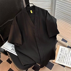 暗扣性感男士无领衬衫长袖痞帅高级感2025新中式纯色修身衬衣，男装工装外套，星座1013