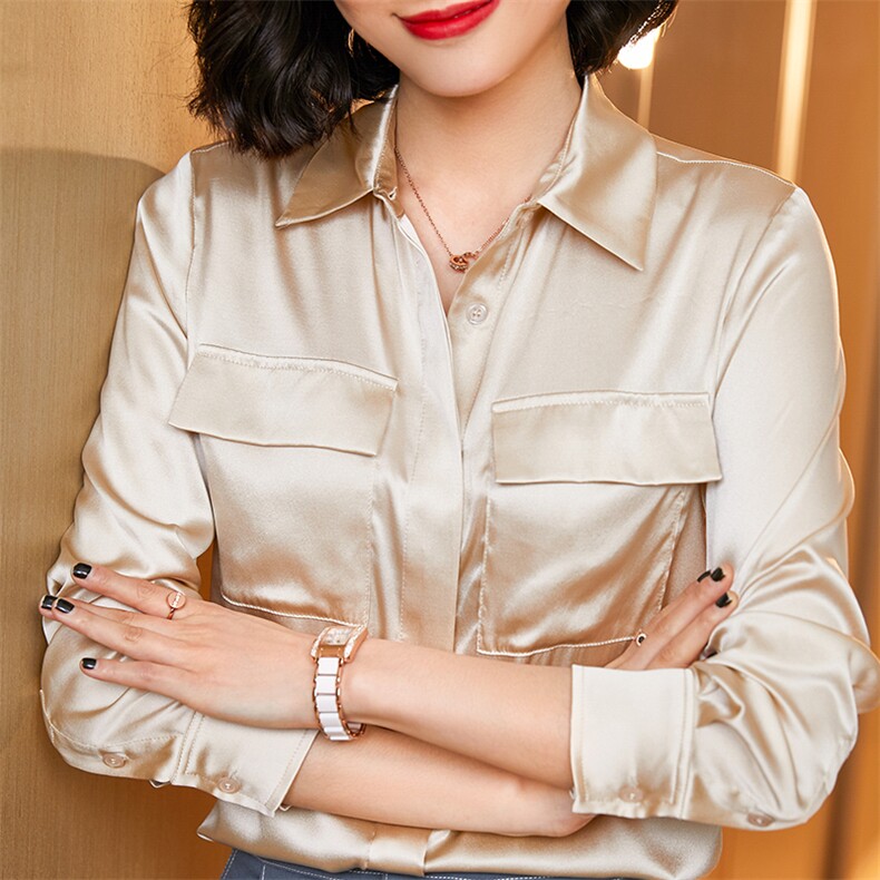 优雅气质真丝衬衫女长袖显瘦百搭职业装上衣秋季单排扣翻领衬衣,女装衬衫,宋氏羊绒