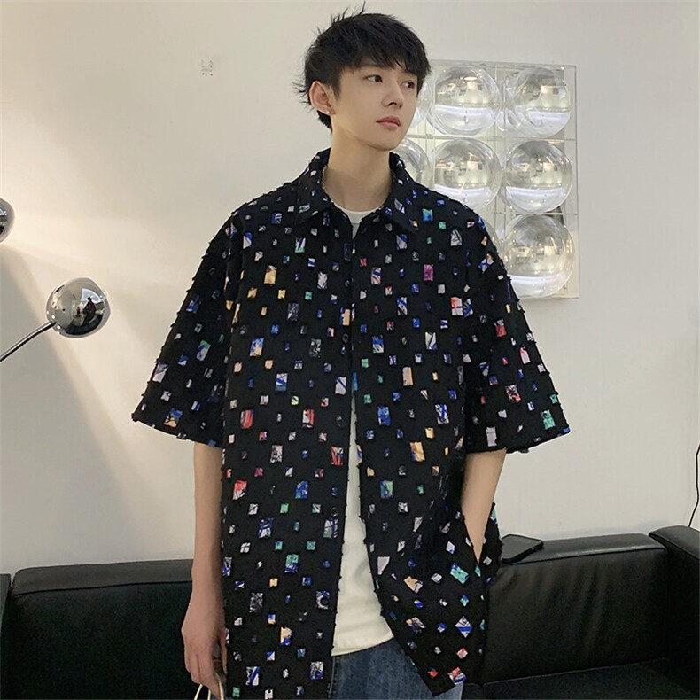 特批48无差价2023彩色破洞流苏方格衬衫男大码半袖衬衣CD848短袖,男装衬衫,电商A001-1