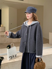 现货新款秋冬新款针织连帽拼接长袖羊绒外套女短款双面羊绒大衣潮，女装羊绒大衣，网红馆