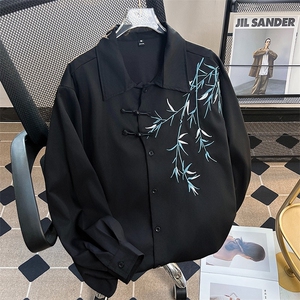 新中式风盘扣刺绣长袖衬衫男装唐装道袍衬衣外套春 C512图片