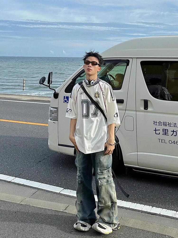 复古运动风网面短袖T恤男生潮牌ins涂鸦印花宽松速干透气球衣圆领,男装T恤,四季星座505