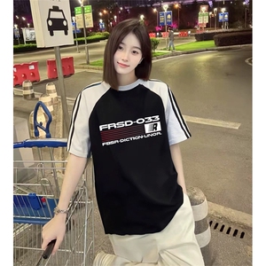 抖音得物品质二开240克宽松纯棉美式潮牌插肩三杠织带短袖T恤图片