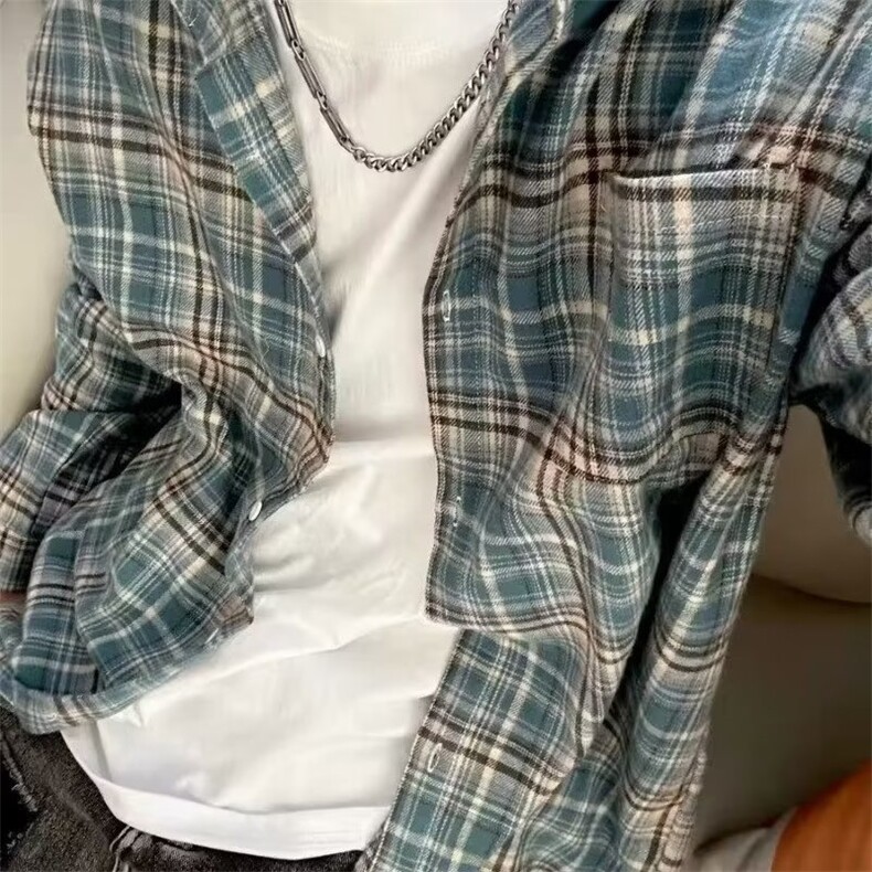 撞色格子衬衫男款夏天薄款cleanfit美式复古短袖外套高级感衬衣,男装衬衫,星座506A