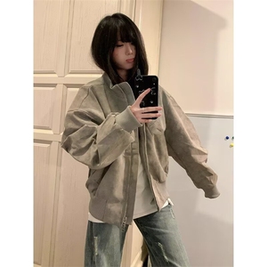 夹克复古扎染皮衣外套男秋冬款拼接飞行员加绒棒球服 JG114图片