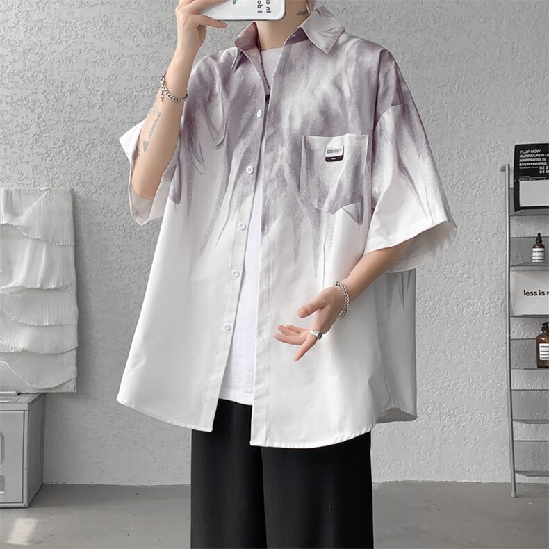 XZ213-CS088-P45控58港风大码冰丝扎染vibe百搭宽松翻领短袖衬衫,男装T恤,星座213