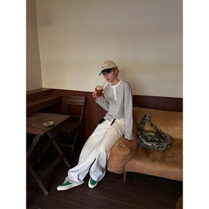 W10511-P48 网图现货 撞色条纹亨利领长袖上衣宽松休闲T恤打底衫图片