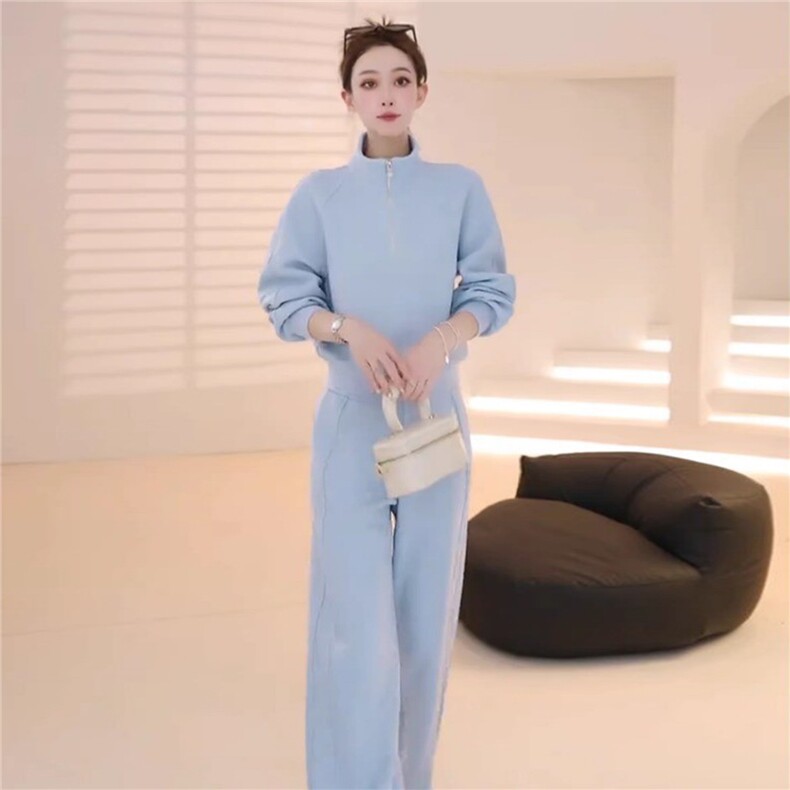韩版休闲运动套装女春季新款洋气显瘦半开立领卫衣直筒长裤两件套,女装套装/套裙,江南