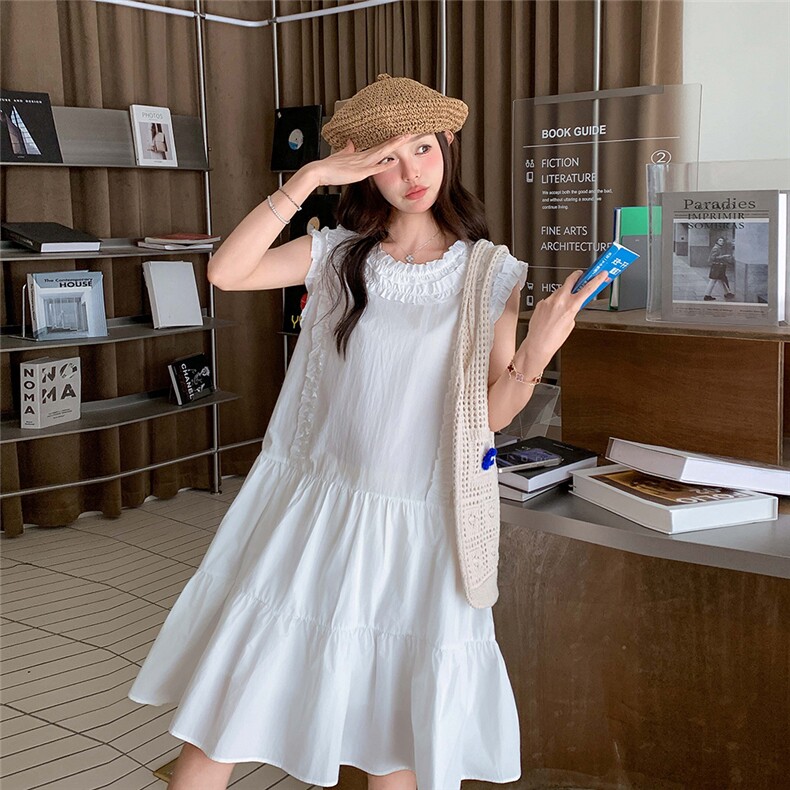 木耳边米白色无袖连衣裙女夏2025新款小个子甜美显瘦今年流行漂亮,女装连衣裙,2C261