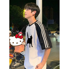 抖音得物品质二开240克宽松纯棉美式潮牌插肩三杠织带短袖T恤，男装T恤，电商A486