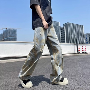 美式高街vibe做旧宽松牛仔裤男废土风扎染破洞阔腿裤子TG366-p48图片