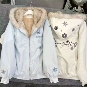 美式复古雪花刺绣连帽座山雕棉服男女加厚绒冬季情侣保暖棉衣外套图片