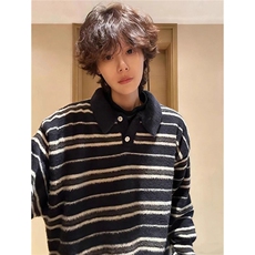 老钱风仿貂毛条纹polo领毛衣男女秋冬高级感痞帅慵懒风针织衫外套，男装针织衫/毛衣，星座601-1