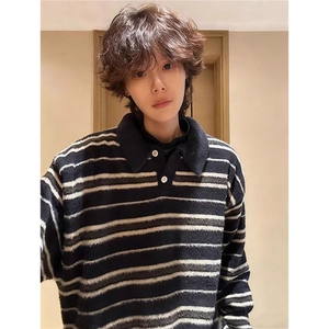 老钱风仿貂毛条纹polo领毛衣男女秋冬高级感痞帅慵懒风针织衫外套图片