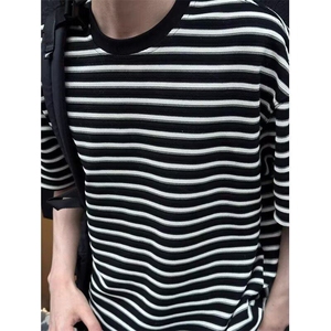 条纹圆领短袖t恤男女款夏季韩版简约基础款休闲宽松百搭半袖上衣图片