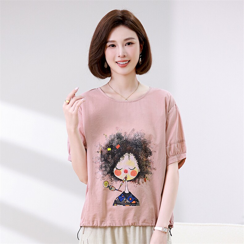 时尚宽松短袖T恤女夏季新款卡通印花上衣百搭休闲女装衬衫,女装衬衫,叶笙衣