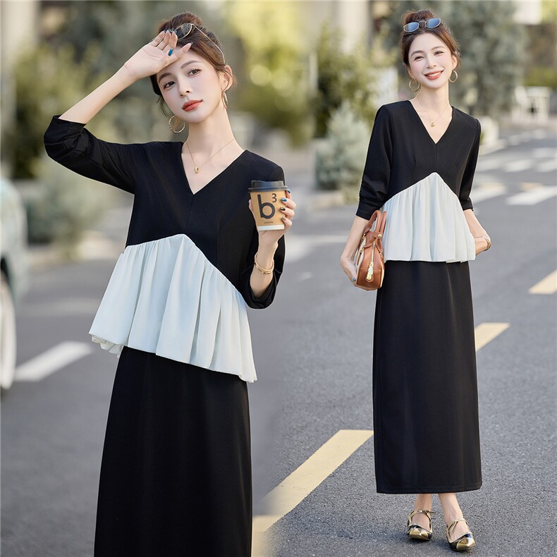 2025秋装新款时尚V领撞色拼接两件套，女装套装/套裙，曼琳思菲