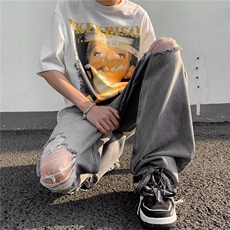 破洞牛仔裤男欧美vibe风痞帅直筒长裤季高街ins复古裤子~CK1512，男装牛仔裤，星座601-2