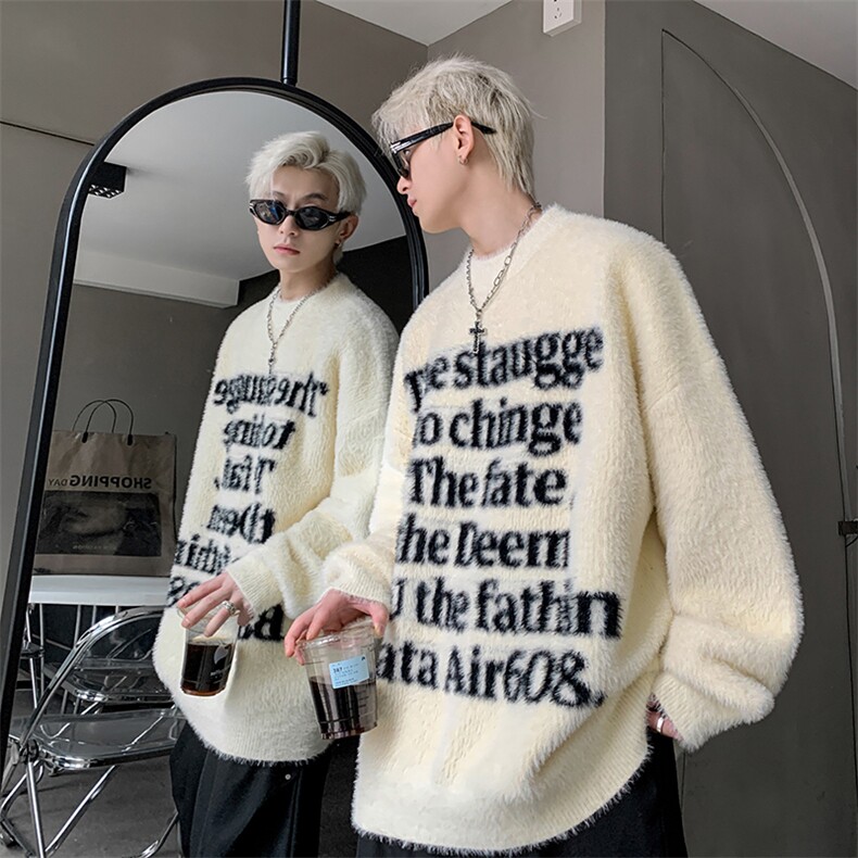 马海毛字母圆领毛衣男oversize美式复古高级感宽松慵懒针织衫秋冬，男装针织衫/毛衣，星座608(原A046)