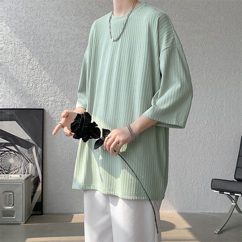 短袖男夏季新款宽松港风暗纹冰丝大码五分袖上衣T恤T9908-P30，男装T恤，星座214-3