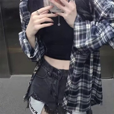 潮撞色格子衬衫男女款春秋季2025新款宽松休闲长袖百搭衬衣复古，男装衬衫，星座506A
