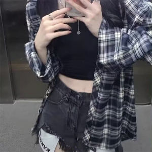 潮撞色格子衬衫男女款春秋季2025新款宽松休闲长袖百搭衬衣复古图片