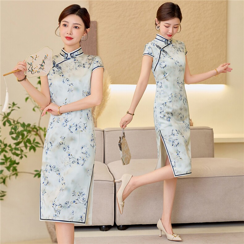 杭州品质真丝长裙复古印花连衣裙女春夏日常修身清新淡雅真丝旗袍,女装汉服/婚纱/旗袍/礼服,小荷流