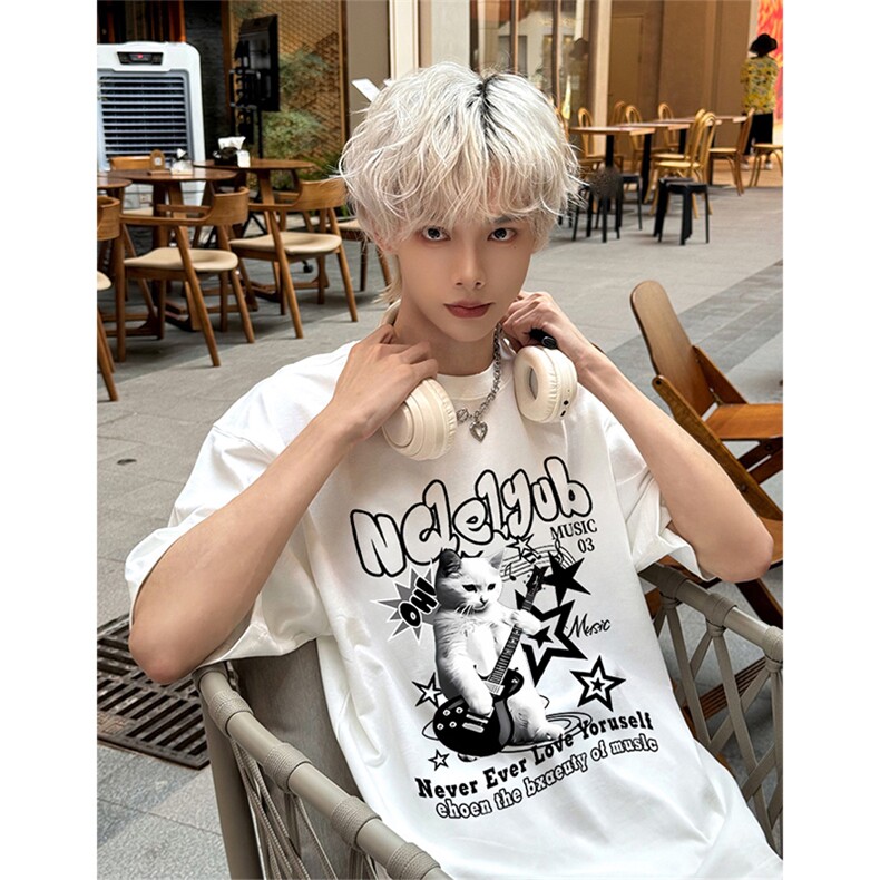 抖音得物供货210克现货宽松纯棉美式潮牌印花落肩袖纯棉T恤AT2142,男装T恤,电商A443