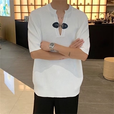 夏季个性短袖T恤男皮扣设计V领高级感红色薄款针织小众痞帅B201，男装T恤，星座1013