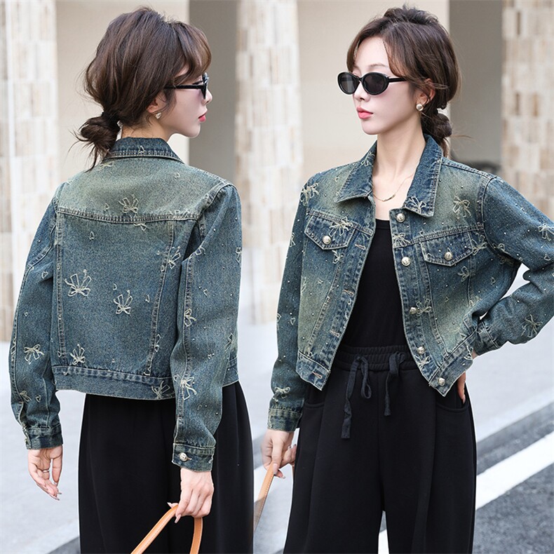 早秋新款牛仔外套女2024休闲韩版时尚刺绣蝴蝶结烫钻洋气百搭上衣，女装牛仔外套，潮流依族