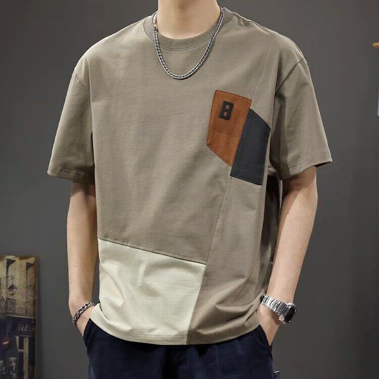 网络图现货夏季港风设计感拼色气质休闲纯棉短袖T恤JD823-P45，男装T恤，星座715-7