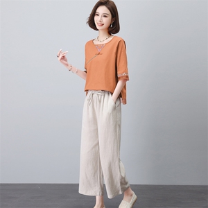 长期有货时尚苎麻套装女夏装新款宽松显瘦中年妈妈洋气棉麻两件套