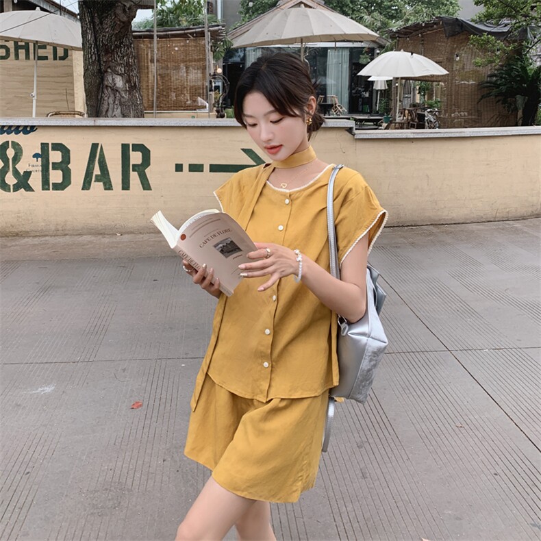 黄色高级感套装女2025夏季新款韩系复古超好看短袖衬衫短裤两件套，女装套装/套裙，浙宝128A