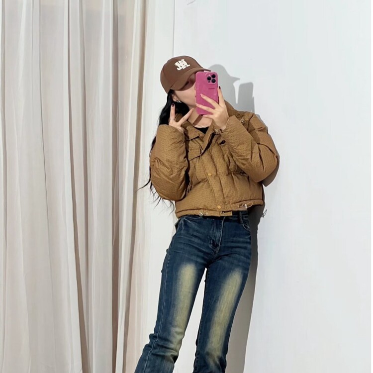 棕咖色短款羽绒服女2025冬季韩版小个子立领加厚格纹面包服外套,男装羽绒服,星座218-8