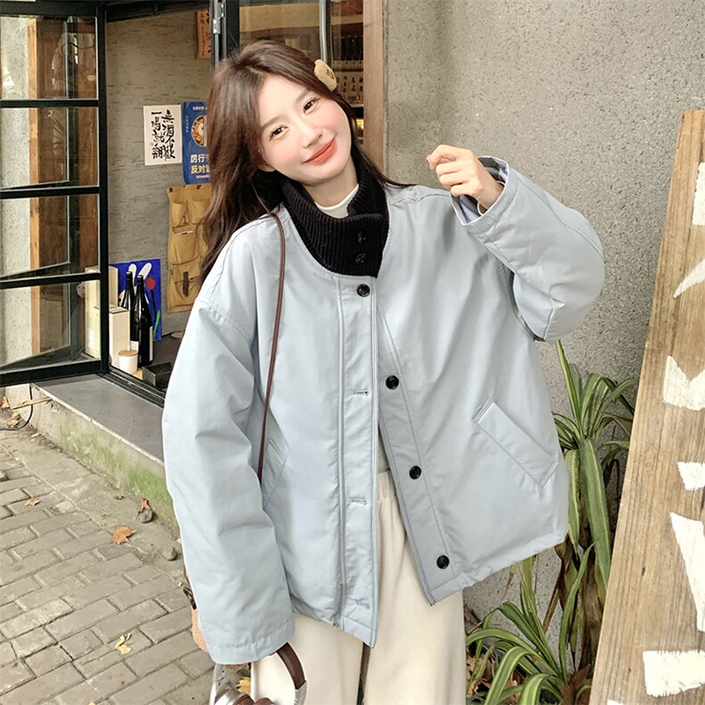 设计感针织拼接立领羽绒服女2024冬新款宽松加厚保暖白鸭绒短外套图片