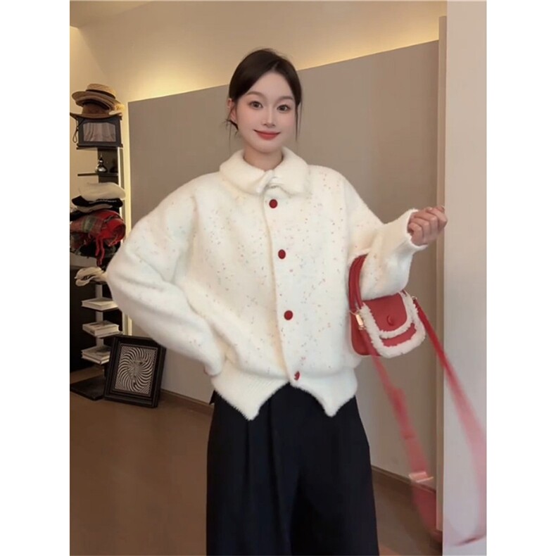 韩系复古白色彩点宽松高领毛衣外套女春秋原宿风百搭开衫气质上衣,男装针织衫/毛衣,星座1210-1