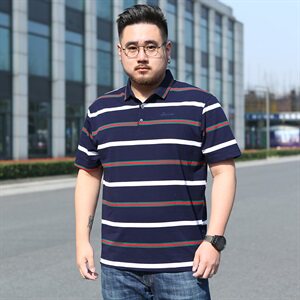 大码男士条纹短袖T恤翻领半袖体恤衫加肥加大号5923款