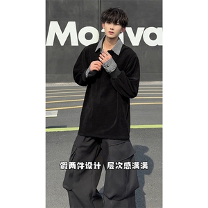 经典复古风格假两件翻领卫衣情侣款休闲港风时尚上衣HY713TP48图片