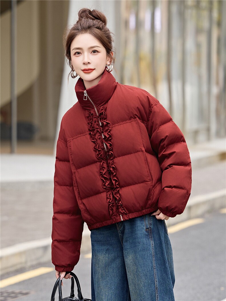 【现货现货】【数据好】2025新款圣诞红羽绒服短款90绒立领外套冬,女装羽绒服,一安秀