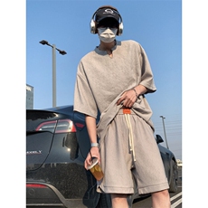 2026夏V领短袖冰丝T恤套装大码男纹理提花半袖TZ5677/特P45灰3，男装T恤，电商A094