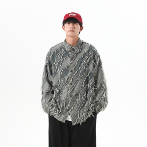 欧美街头高街猫须毛边破坏做旧重工牛仔夹克薄外套男秋JK1082-P70图片