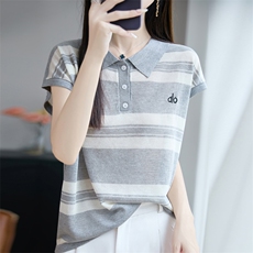 夏季新款天丝亚麻翻领刺绣条纹短袖女宽松百搭显瘦时尚休闲上衣，女装T恤，昭美羊绒