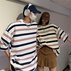 2023情侣装夏装新款高街潮条纹宽松短袖T恤半袖潮D254P38，男装T恤，电商A335-1（原A458）