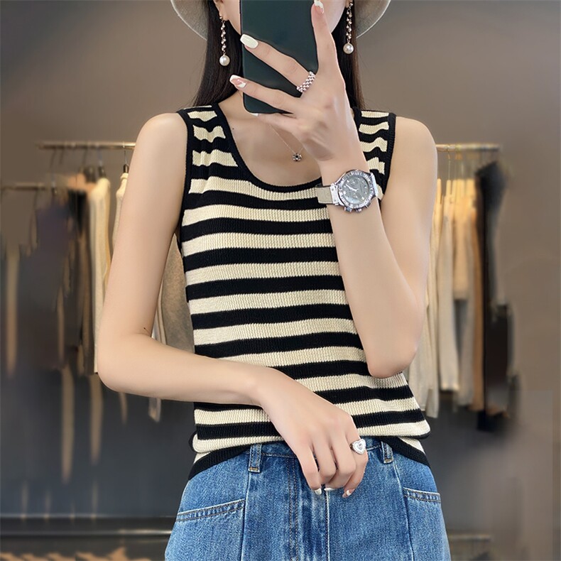 羊毛针织吊带背心女2023春夏新款修身外穿圆领内搭上衣条纹打底衫,女装背心吊带,蚂蚁派对工厂直营店