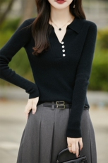 POLO领100%纯羊毛衫女坑条纽扣长袖针织衫毛衣宽松羊绒衫打底上衣，女装羊毛衫，绒汀羊绒